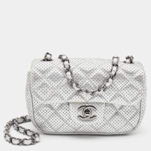 Pre Owned Chanel Silver Perforated Quilted Leather Mini CC Square Flap Bag 