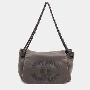 Pre Owned Chanel Grey Leather Studded CC Accordion Bag