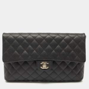 Pre Owned Chanel Black Quilted Caviar Leather CC Flap Clutch