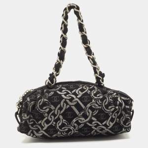 Pre Owned Chanel Black/Silver Chain Link Print Fabric CC Satchel