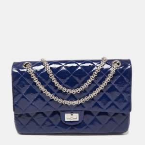 Pre Owned Chanel Blue Quilted Patent Leather Reissue 2.55 Classic 226 Flap Bag