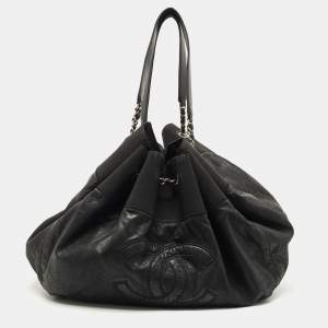 Pre Owned Chanel Black Iridescent Leather and Fabric CC Coco Cabas Hobo