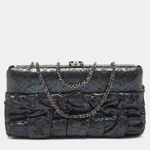Pre Owned Chanel Dark Blue Shimmer Python CC Frame Chain Clutch