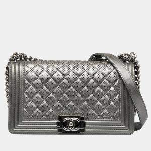 Pre Owned Chanel Silver Medium Perforated Lambskin Boy Flap