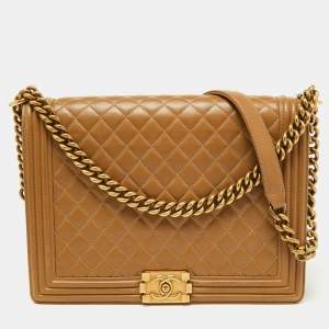 Pre Owned Chanel Beige Quilted Leather Large Boy Flap Bag