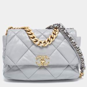 Pre Owned Chanel Grey Quilted Leather Large 19 Flap Bag