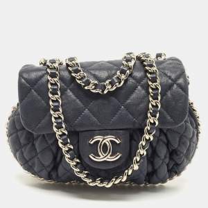 Pre Owned Chanel Navy Blue Quilted Leather CC Chain Around Flap Bag
