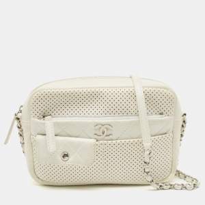 Pre Owned Chanel White Perforated Leather Ultra Pocket Camera Bag