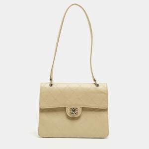 Pre Owned Chanel Light Beige Quilted Leather Classic Top Handle Bag