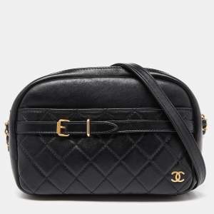 Pre Owned Chanel Black Quilted Leather Buckle Camera Case Bag