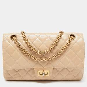 Pre Owned Chanel Beige Quilted Aged Leather Reissue 2.55 Classic 225 Flap Bag