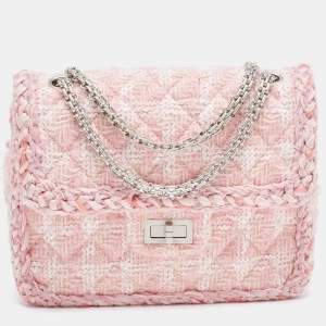 Pre Owned Chanel Pink Quilted Tweed Square Reissue 2.55 Flap Bag