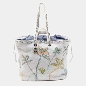 Pre Owned Chanel White/Multicolor Knitted Floral Fabric Large Drawstring Shopper Tote