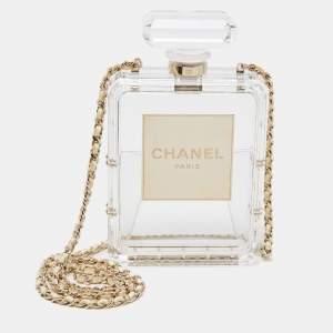 Pre Owned Chanel Clear/Gold Plexiglass Perfume Bottle Evening Bag