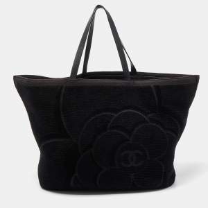 Pre Owned Chanel Black Cotton and Leather Camellia Terry Beach Tote w/ Towel
