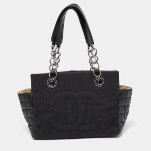 Pre Owned Chanel Black Choco Bar Leather and Canvas Mesh CC Bag