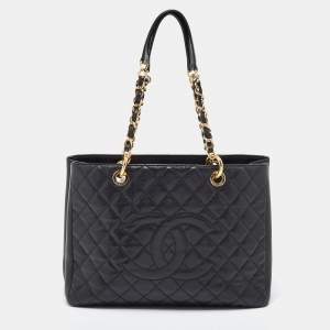 Pre Owned Chanel Black Quilted Caviar Leather Grand Shopping Tote