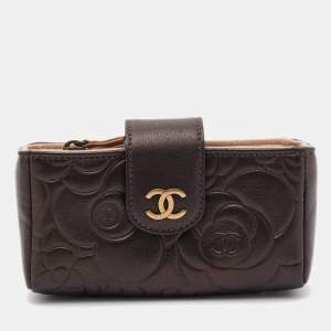 Pre Owned Chanel Bronze Leather Camelia Embossed Phone Pouch