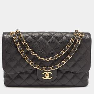 Pre Owned Chanel Black Quilted Caviar Leather Jumbo Classic Double Flap Bag