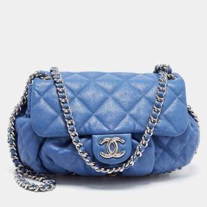 Pre Owned Chanel Blue Quilted Leather CC Flap Chain Around Bag