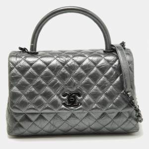 Pre Owned Chanel Metallic Grey Leather Medium Coco Top Handle Bag