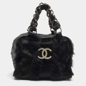 Pre Owned Chanel Black Leather And Calf Hair Boston Bag