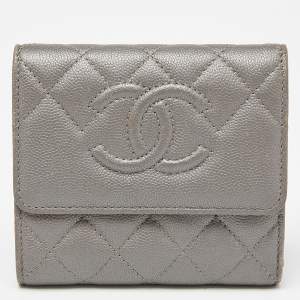 Chanel Silver Quilted Caviar Leather CC Trifold Wallet