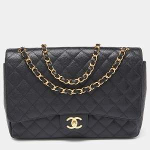 Pre Owned Chanel Black Quilted Caviar Leather Maxi Classic Double Flap Bag