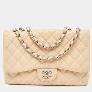 Pre Owned Chanel Beige Quilted Caviar Leather Jumbo Classic Single Flap Bag