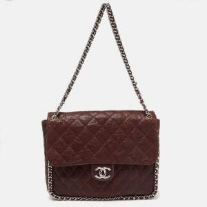 Pre Owned Chanel Burgundy Quilted Leather Maxi Chain Around Flap Bag