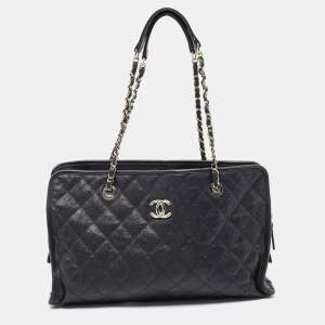Pre Owned Chanel Black Quilted Caviar Leather French Riviera Tote