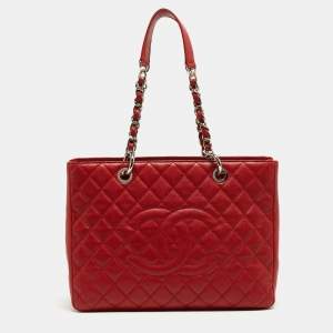 Pre Owned Chanel Red Quilted Caviar Leather Grand Shopper Tote