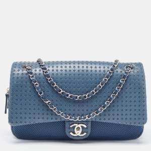 Pre Owned Chanel Blue Perforated Leather And Fabric Jumbo Easy Flap Bag