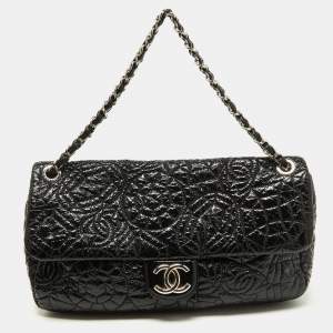 Pre Owned Chanel Black Patent Vinyl Graphic Edge Classic Flap Bag