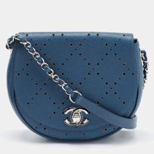 Pre Owned Chanel Blue Quilted Caviar Perforated Leather Crossbody Bag