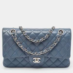 Pre Owned Chanel Blue Quilted Caviar Leather Medium Classic Double Flap Bag