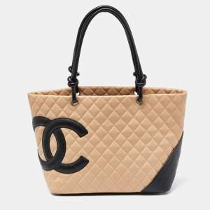 Pre Owned Chanel Beige/Black Quilted Leather Large Ligne Cambon Tote 