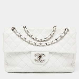 Pre Owned Chanel White Quilted Caviar Leather Maxi Vintage Classic Single Flap Bag