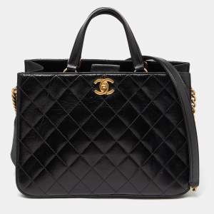 Pre Owned Chanel Black Quilted Leather Small Straight-Lined Shopper Tote