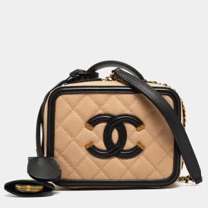 Pre Owned Chanel Pink/Black Quilted Caviar Leather Small CC Filigree Vanity Case Bag