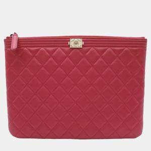 Chanel Red Leather Lambskin O Case Boy Clutch Bag 