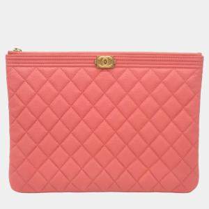 Chanel Pink Caviar Leather O Case Quilted Medium Boy Clutch Bag 