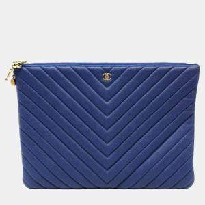 Pre Owned Chanel Navy Blue Caviar Leather Large Chevron O Case Clutch Bag 