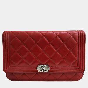 Chanel Red Lambskin Leather Boy Wallet On Chain 