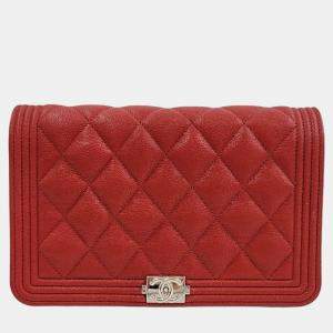 Chanel Red Caviar Leather Mini Boy Wallet On Chain 