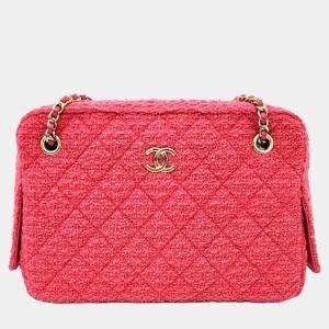 Chanel Pink Leather Tweed Camera Shoulder Bag 