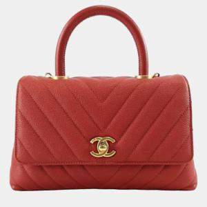 Pre Owned Chanel Red Caviar Leather Small Coco Handle Shoulder Bag 