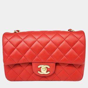 Pre Owned Chanel Red Leather Classic Rectangular Mini Flap Bag
