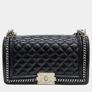 Chanel Black Patent Leather Medium Boy Whipstitch Chain Shoulder Bag