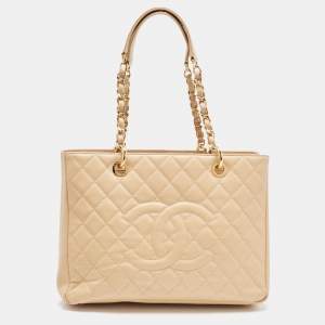 Pre Owned Chanel Beige Quilted Caviar Leather GST Shopper Tote